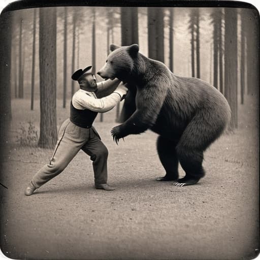  1880 photo of a person fighting a bear