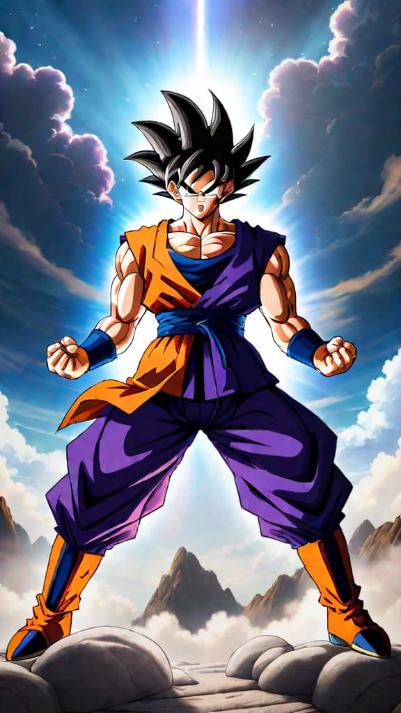  anime art: goku (dragon ball super) facing beerus in an uncertain battle of ultra instinct vs. godly power. hyperrealistic, full body, detailed clothing, highly detailed, cinematic lighting, stunningly beautiful, intricate, sharp focus, f/1. 8, 85mm, (centered image composition), (professionally color graded), ((bright soft diffused light)), volumetric fog, trending on instagram, trending on tumblr, HDR 4K, 8K