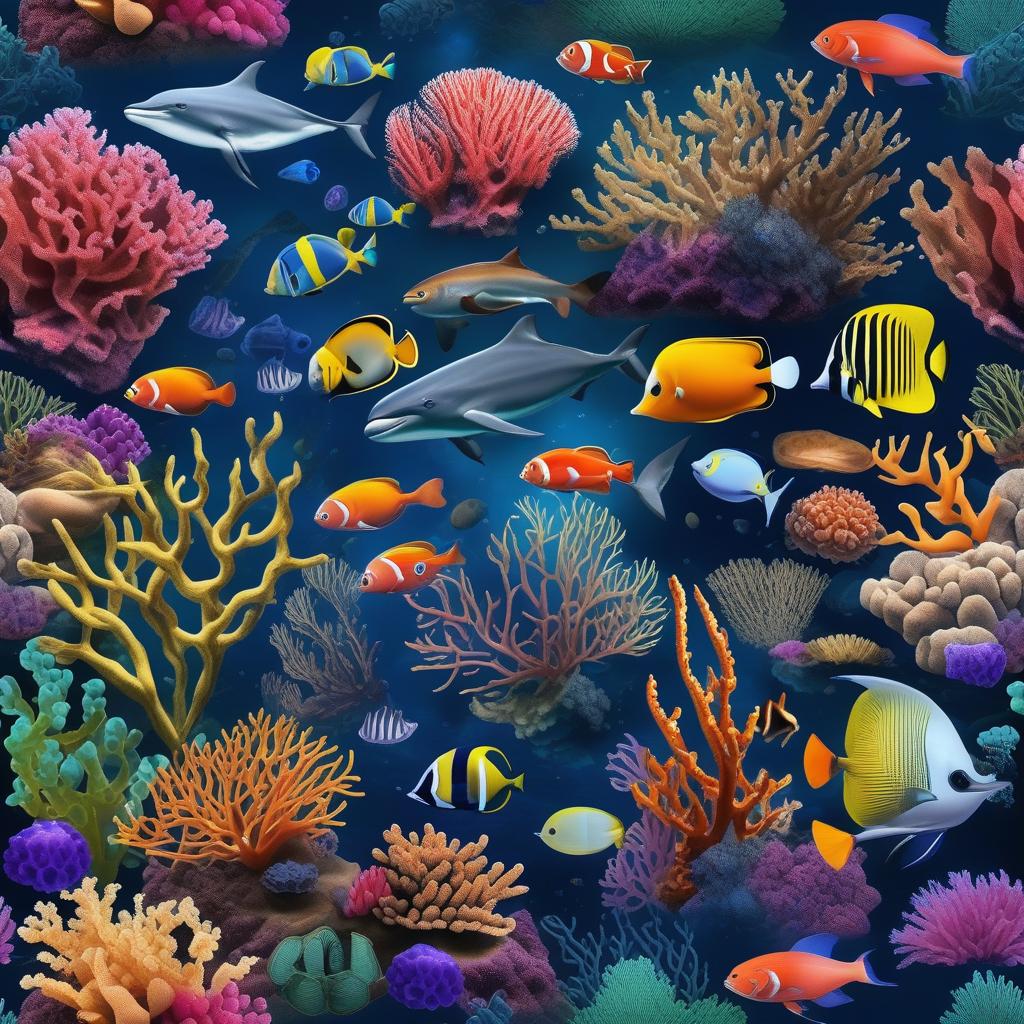  masterpiece, best quality, the beautiful deep sea is full of corals, diverse marine life and charming underwater landscapes, including corals, extremities, small fish, anemones, dolphins, various algae, caves, colorful, 8k resolution and complex details.