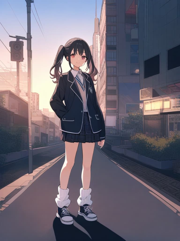   junior high , blazer, mini , twin tails, cute smile, ultra long loose socks, bottom sneakers, whole body, city landscape,