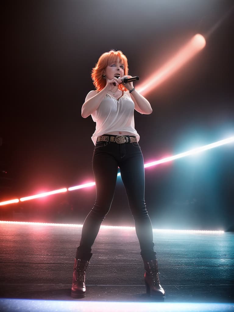  A younger, Country singer, Reba McEntire, on stage, medium shot, upper body, spotlight, long exposure lighting, street art style spray paint, glamour lighting