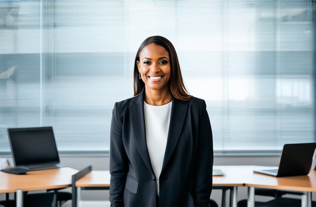  professional detailed photography, portrait of smiling businesswoman standing in open plan office. happy female professional executive manager, financial banking or marketing data. ar 3:2, (muted colors, dim colors, soothing tones), (vsco:0.3)