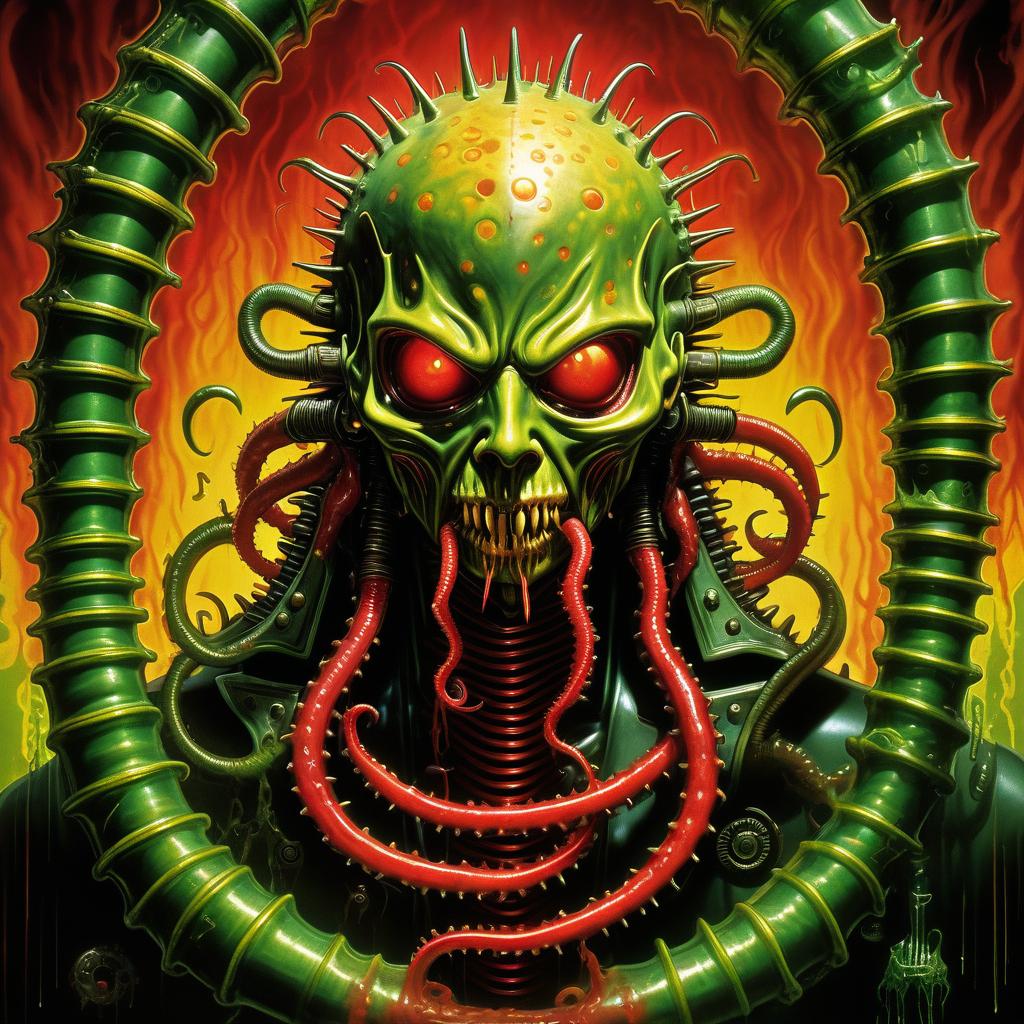  retro game art hellraiser whisperer giger demon looks scary prickly red watch in yellow smoke and green sparks suction cups tentacles eyes lower jaw sting tentacles claws and a terrible moan in red smoke in yellow rings of green steam the wound flows with mucus juice . 16 bit, vibrant colors, pixelated, nostalgic, charming, fun