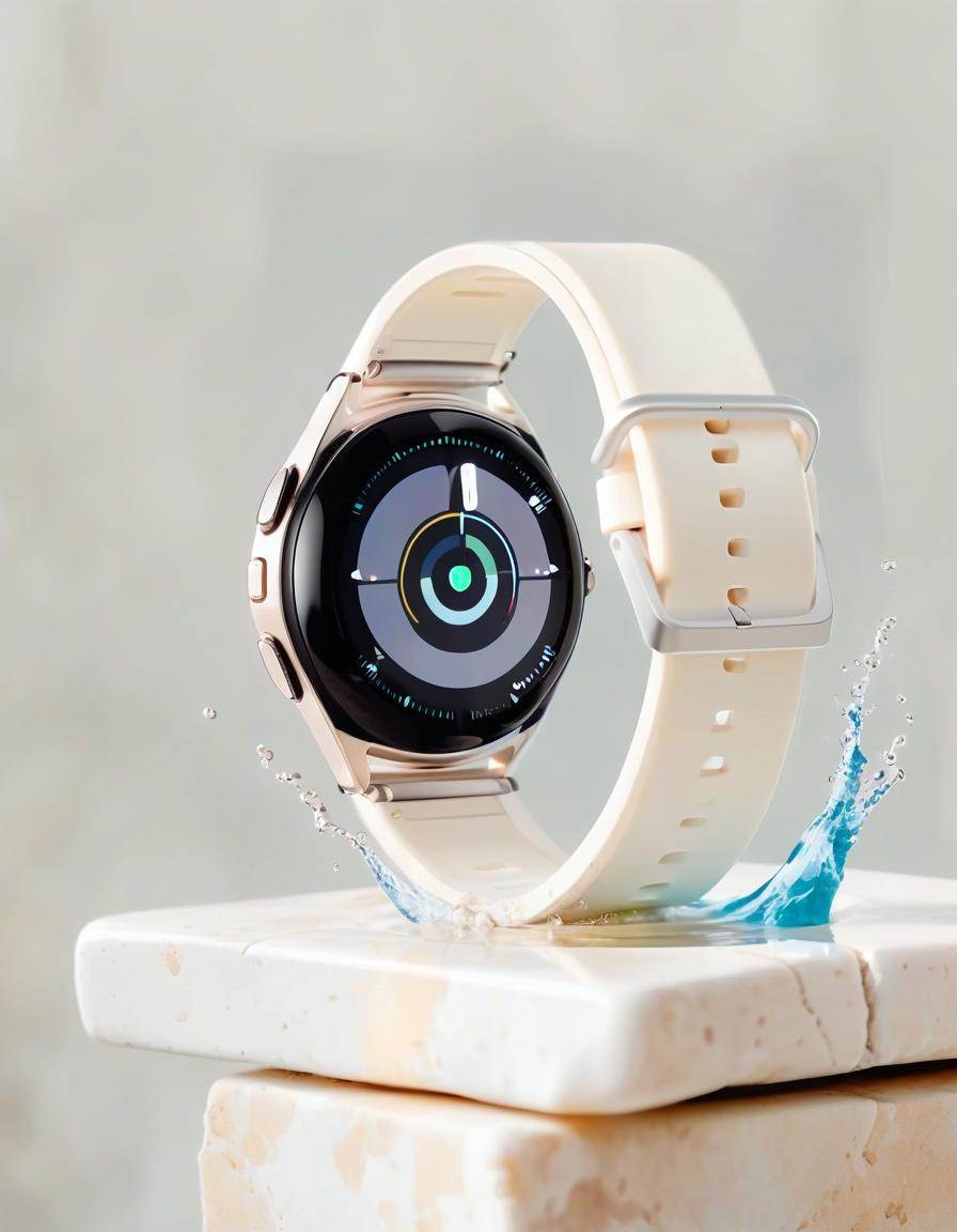  smart watch on stone, around water splash, light background, film photography style