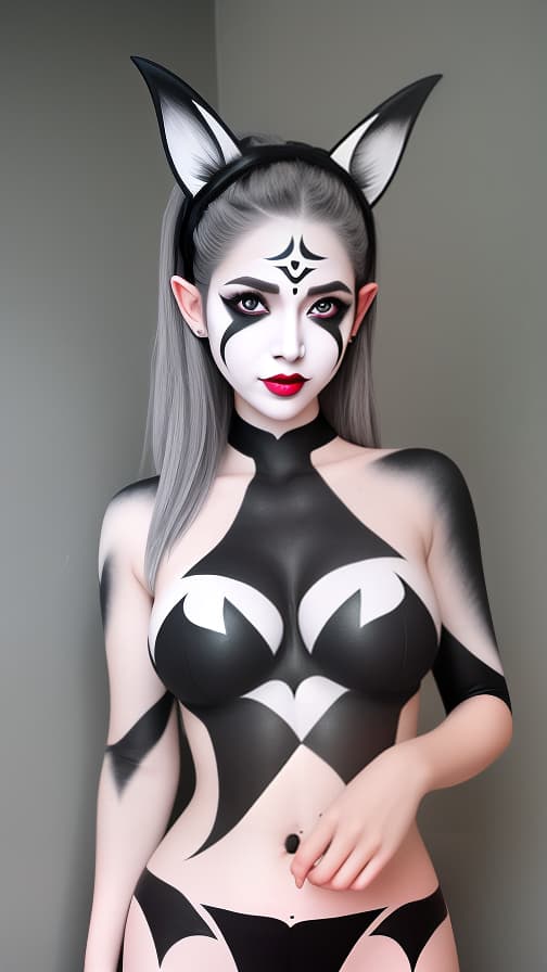  Black and White bat-shaped body paint in every corner of the whole body, grey body paint all over the body, grey face paint on the face, elf,full body image female