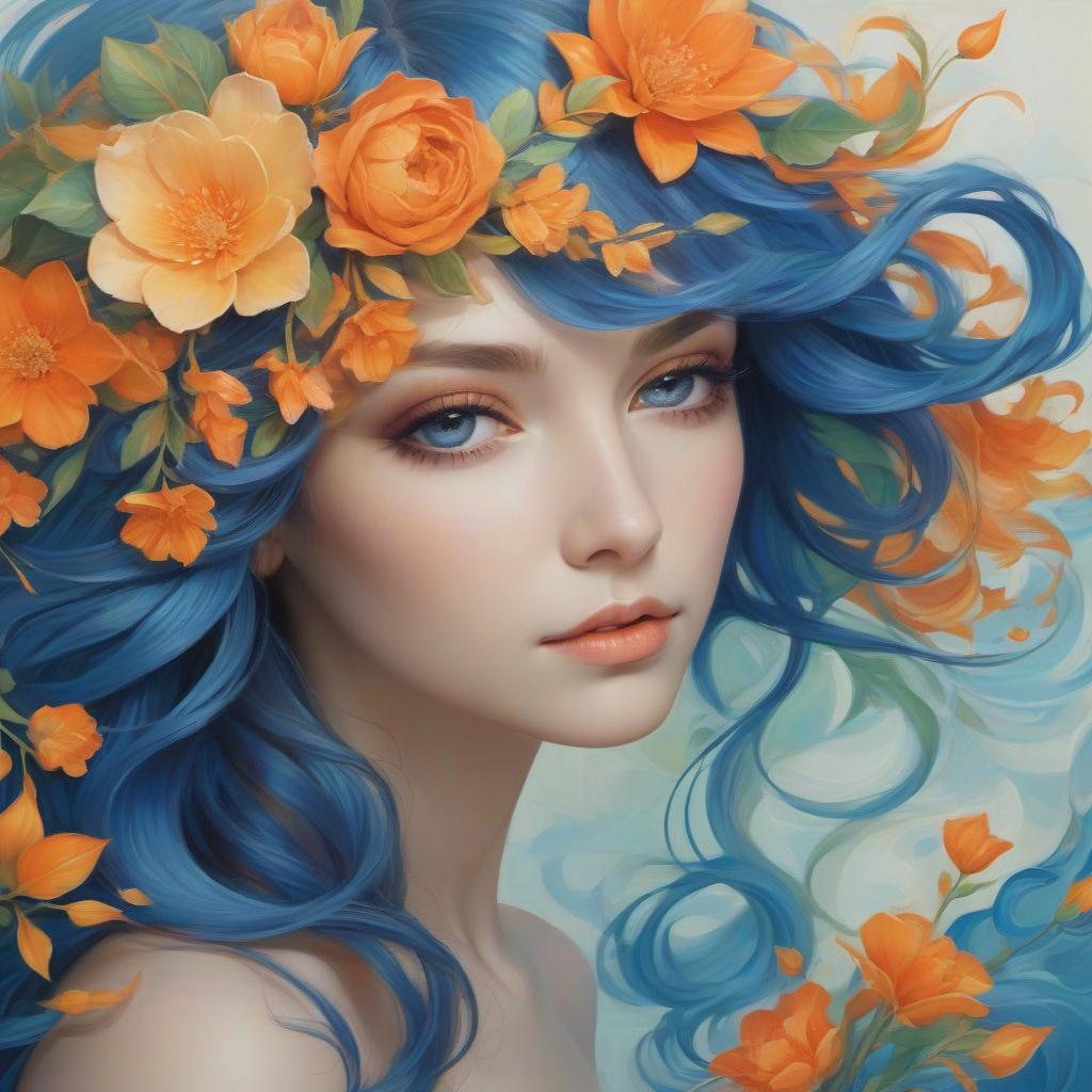  a vibrant artwork of a woman with flower adorned, flowing hair, showcasing rich blues and oranges against a serene backdrop. a stylized portrait of a young woman in profile, featuring flowing, colorful hair intertwined with vibrant flowers and swirling patterns. the color palette includes shades of blue, orange, and green, creating a harmonious blend. the background is soft and gradient, suggesting a serene atmosphere, reminiscent of a beach scene. the woman's expression is peaceful, highlighting her delicate features and bold eye makeup.