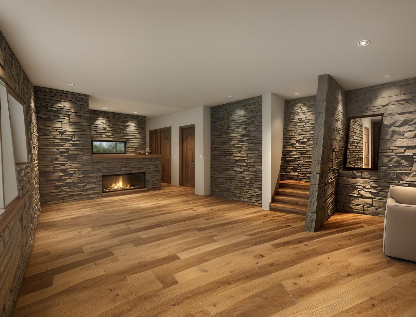  generate a photorealistic image of a living room with a stone accent wall and a wooden floor. the design should include a large window that allows natural light to highlight the texture of the stone wall, creating a balance between rustic and modern elements.