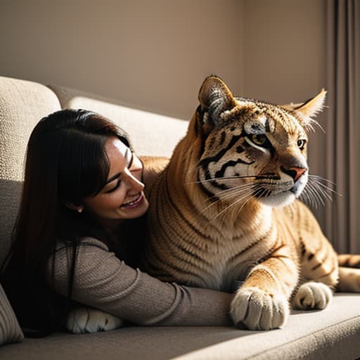  a big cat hugs a cute girl in the living room,kyoto hyperrealistic, full body, detailed clothing, highly detailed, cinematic lighting, stunningly beautiful, intricate, sharp focus, f/1. 8, 85mm, (centered image composition), (professionally color graded), ((bright soft diffused light)), volumetric fog, trending on instagram, trending on tumblr, HDR 4K, 8K