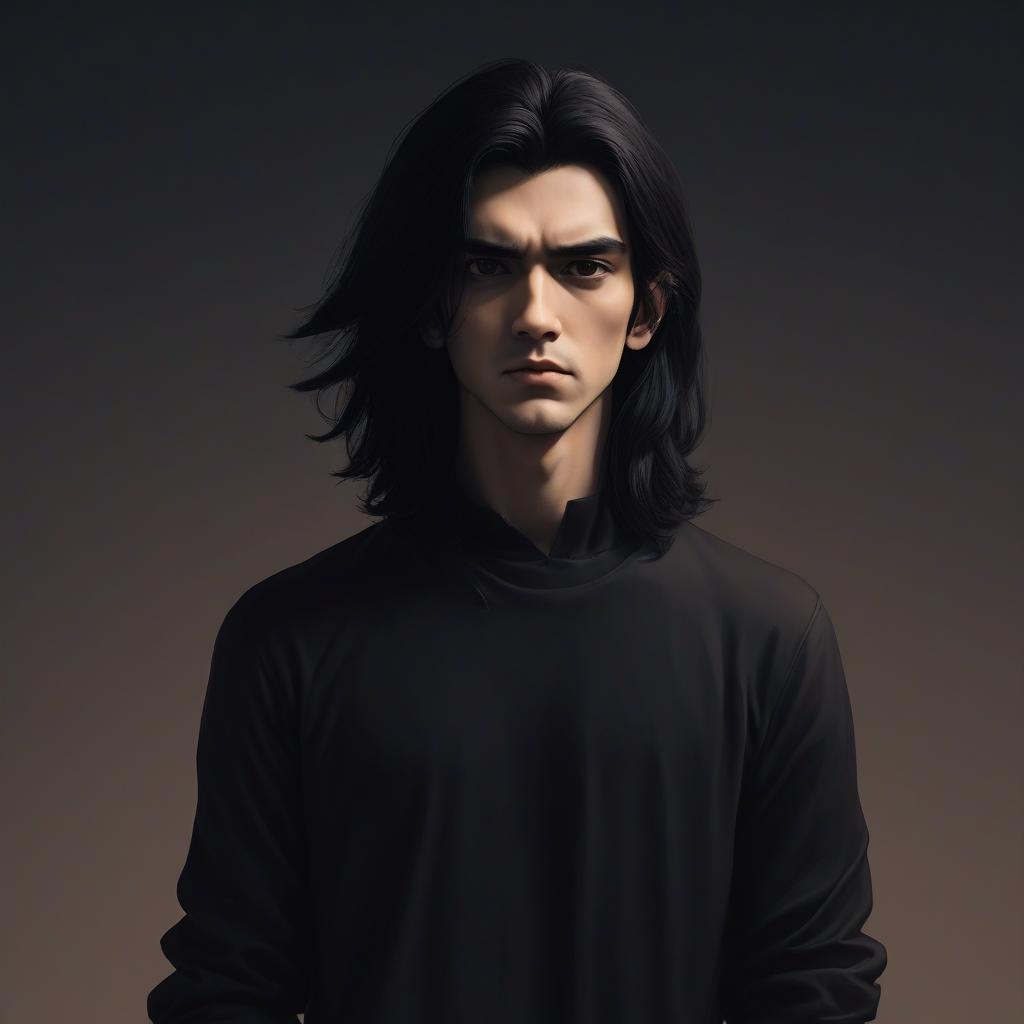  the image shows the character of a guy with long black hair and large brown eyes. he is dressed in black clothes the expression looks serious and thoughtful, which gives him character and depth. the image style resembles pixel or cartoon graphics, which adds an element of playfulness.