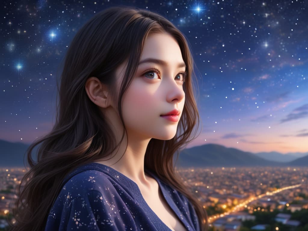  one girl, beautiful face, beautiful eyes,smiling, starry sky background, bestquality, master piece, award winning, professional, highly detailed, masterpiece