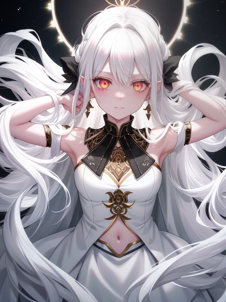  girls, rose tattoo on the stomach, white hair, golden eyes, white clothes, earrings on the ears, raising arms on their heads, glowing eyes, hungry clothes, rolled hair drill hair, black skin, masterpiece, best quality,8k,ultra detailed,high resolution,an extremely delicate and beautiful,hyper detail