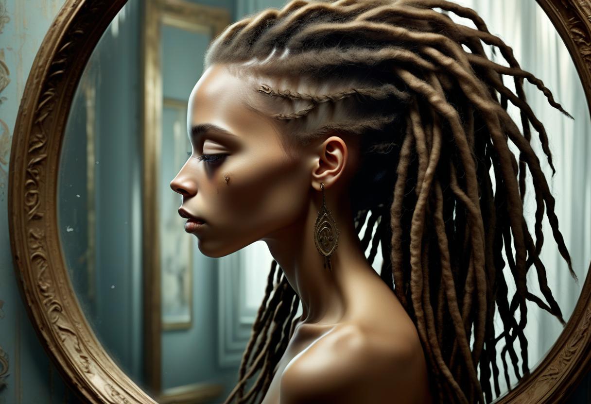  surrealist art a with dreadlocks in her hair looks in the mirror, a grown is reflected in the mirror, a side view, . dreamlike, mysterious, , symbolic, intricate, detailed, sticker