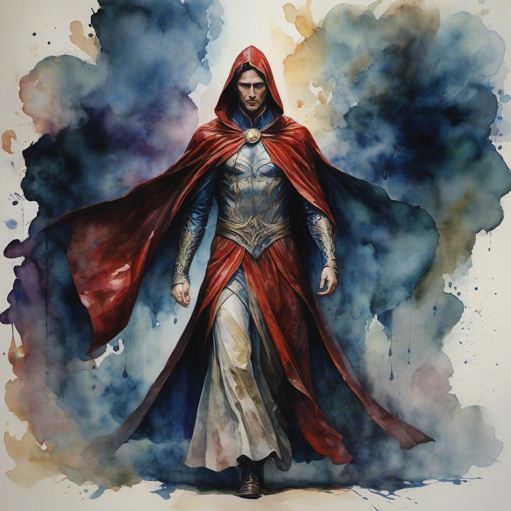  watercolor painting make a full length hero in a long cloak with a kind human face whose main superpower is the combination of the two energies of law and the energy of life, through which the successful implementation of the plan is combined . vibrant, beautiful, painterly, detailed, textural, artistic