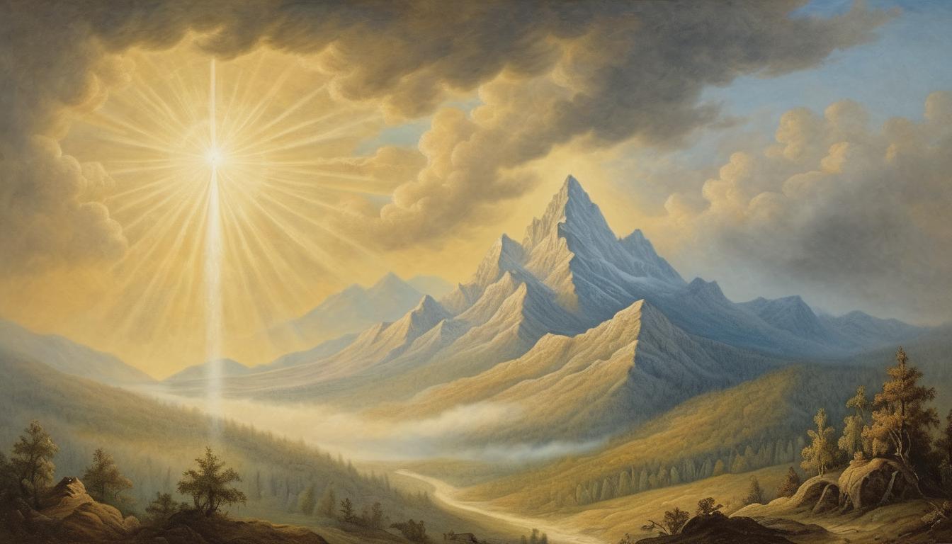  on parchment, surrealism++, radiant beam of light breaking through clouds, illuminating a distant mountain peak, symbol of clarity, divine message, awe inspiring(mysterious, provocative, symbolic)++