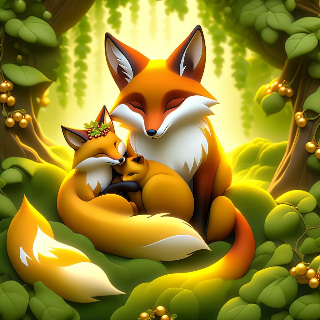  dreamscape (frame):gold round frame decorated with fancy oak leaves and rowan berries. (picture). animalism in fantasy style: little fox sleeping in the arms of big mum fox. appearance of a fox:sweetly sleeping curled up in a ball. (colours):orange, red, white, beige, gold, all shades of green, brown, brown gold. (style):animalism, fantasy, fairy tale, tenderness, kindness, calmness, cartoon . surreal, ethereal, dreamy, mysterious, fantasy, highly detailed, civitai, hkmagic hyperrealistic, full body, detailed clothing, highly detailed, cinematic lighting, stunningly beautiful, intricate, sharp focus, f/1. 8, 85mm, (centered image composition), (professionally color graded), ((bright soft diffused light)), volumetric fog, trending on instagram, trending on tumblr, HDR 4K, 8K