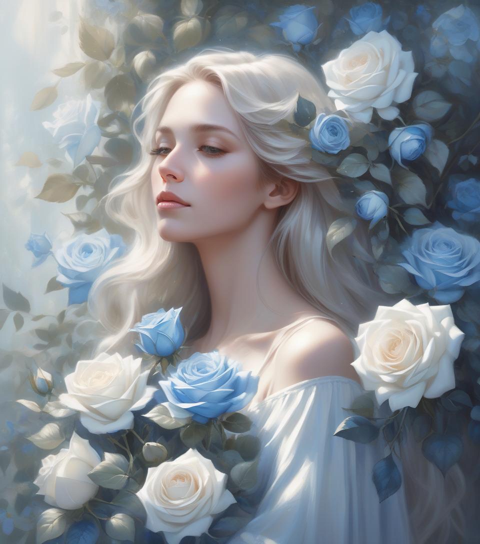  concept art a serene woman with flowing hair holds blue and white roses, surrounded by soft light and delicate leaves, embodying grace and beauty in a captivating portrait . digital artwork, illustrative, painterly, matte painting, highly detailed