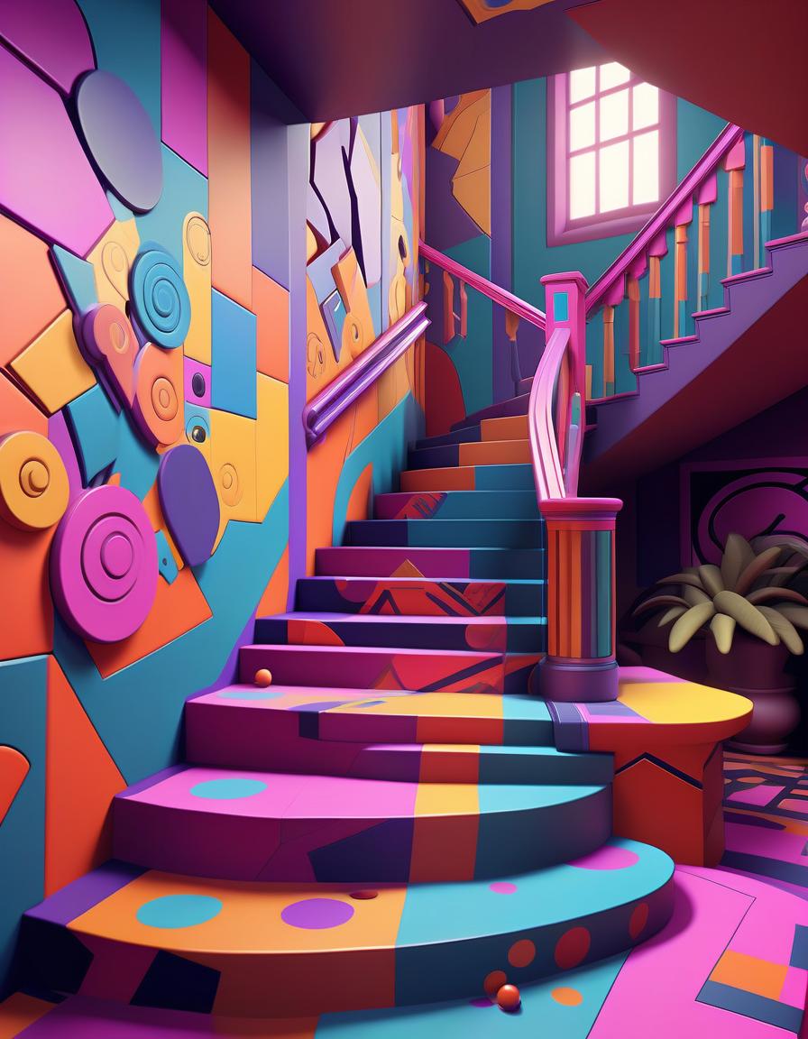  fighting game style psychedelic staircase: staircase strewn with patterns and textures, each step is distinguished by bright colors and complex geometric shapes, leading to a mysterious space. . dynamic, vibrant, action packed, detailed character design, reminiscent of fighting video games