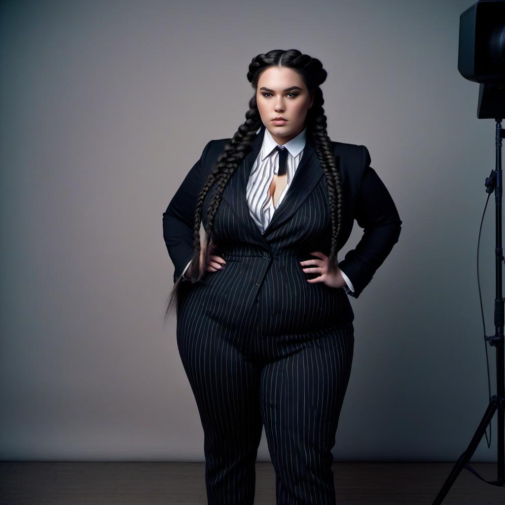  cinematic photo a large girl in a black suit with a huge bust, with braids of black hair, black striped trousers with large hips model . 35mm photograph, film, bokeh, professional, 4k, highly detailed