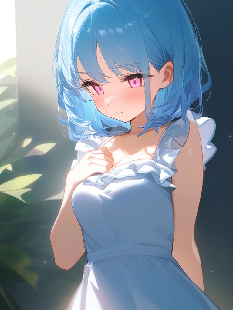  cute face focus,cute,light blue hair,light pink eyes,cute posing,frill onepiece,short bob hair,shy,