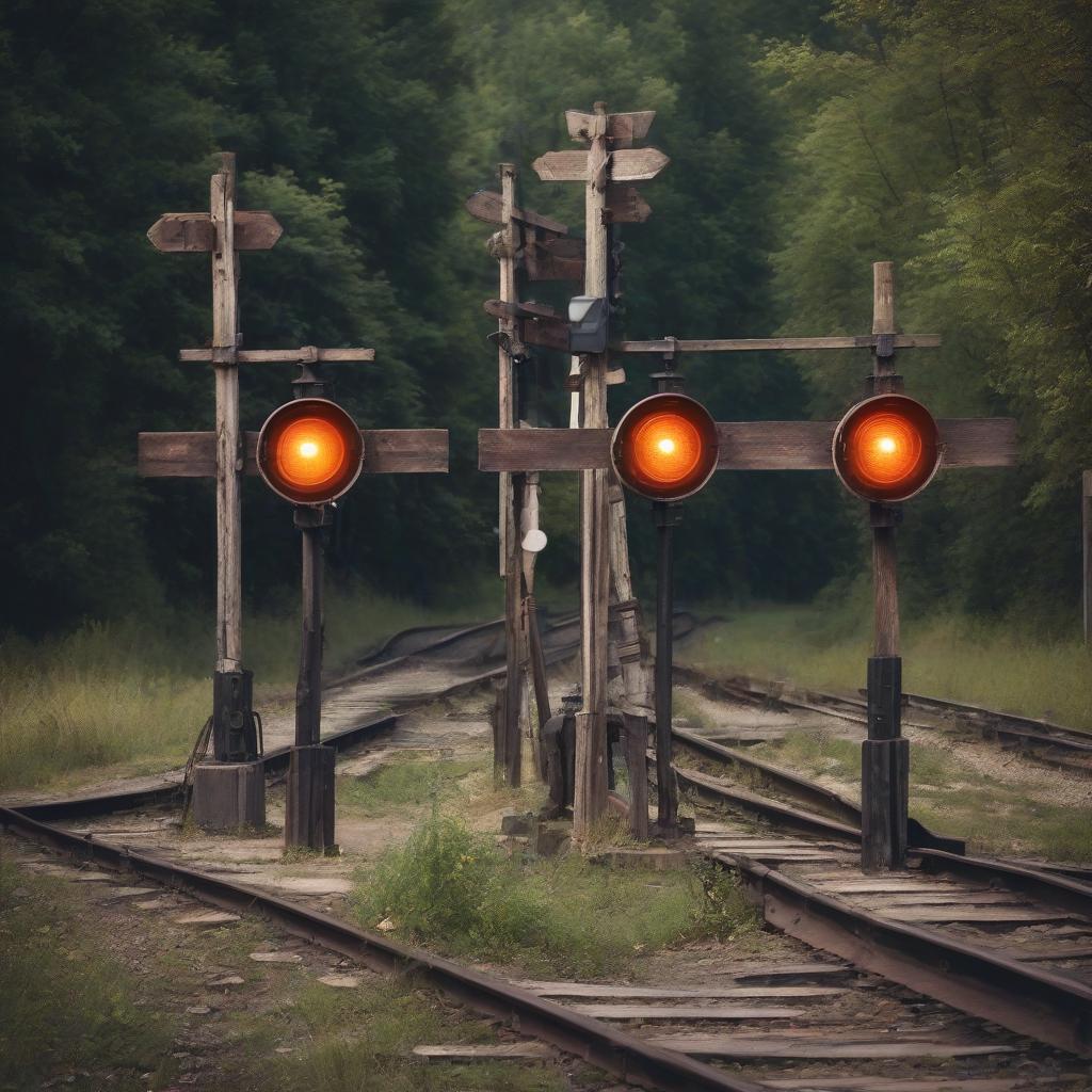  old railroad crossing with signal lamp. wooden sleepers.