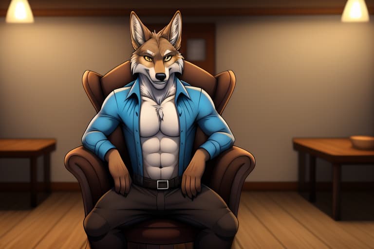  by Clyde wolf, 2023, absurd res, detailed, inside, anthro, canid, coyote, brown body, brown fur, blue fur, yellow eyes, on chair, looking at viewer, open shirt, pants down, grin, naughty face,, open eyes, digital art, masterpiece, 4k, fine details,