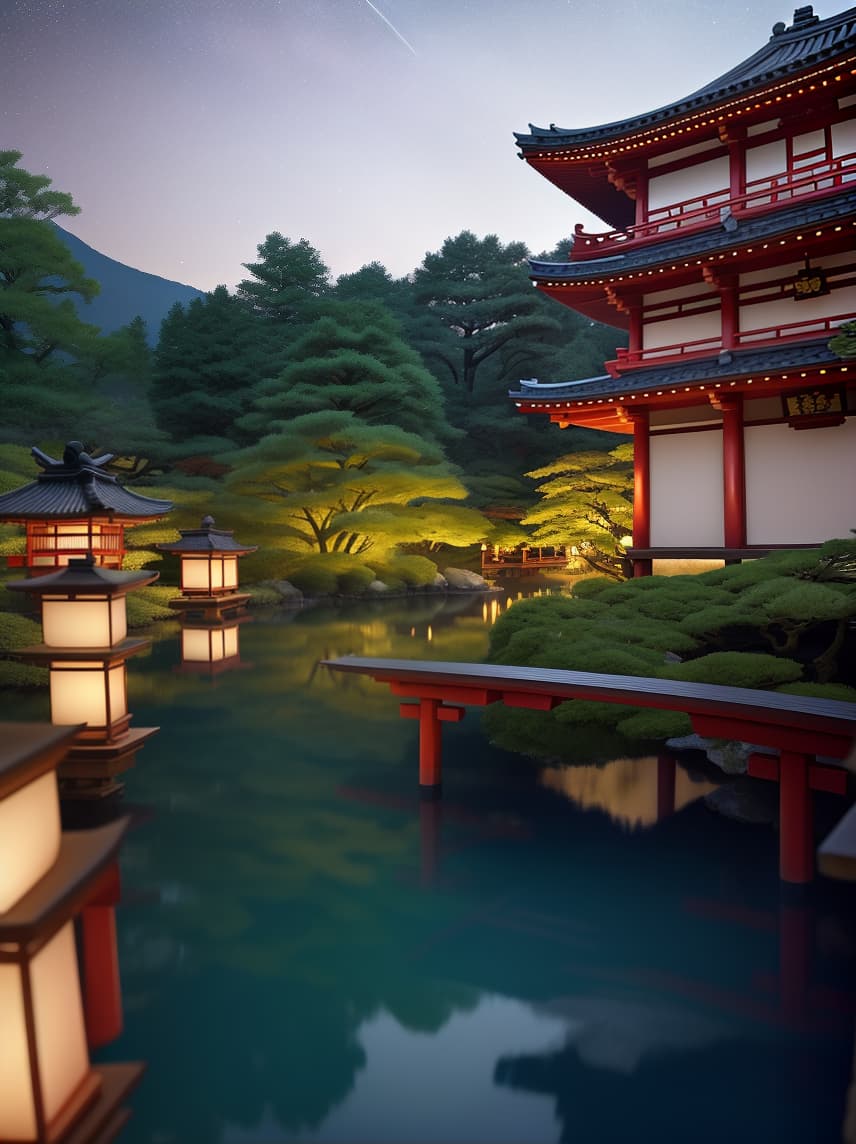  masterpiece, best quality, (fidelity: 1.4), best quality, masterpiece, ultra high resolution, 8k resolution, a night view inspired by japanese art, featuring a garden illuminated by paper lanterns and a wooden bridge spanning a tranquil lake, by the lakeside, there is a small zen temple. the water reflects the starry sky.