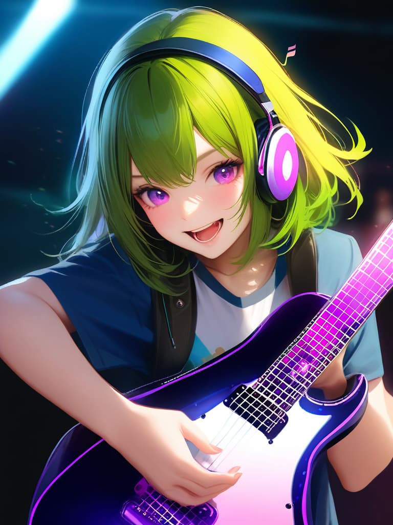  1girl,18yo,(((high school girl))),(((playing with an electric guitar:1.35))),green hair,short hair,purple eyes,headphone,very loud laugh,(((happy pose))),(((metallic focus))),music note effect,realistic