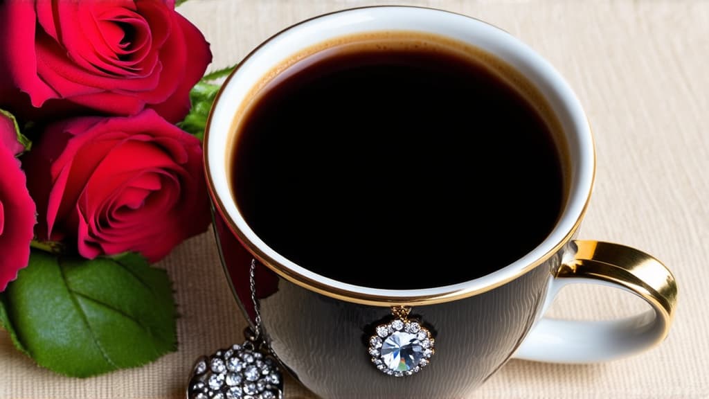  close up of a cappuccino cup, roses lying next to it, with sparkling gemstones on top, silver jewelry, high quality product image , wallpaper ,pic profile, black, super detailed image, cup of coffee’s on table, professional photography ar 16:9 {prompt}, maximum details