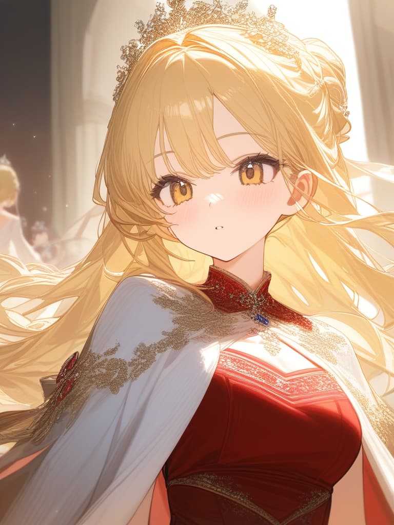  cute girls, jewelry, beautiful, all, long hair, no bangs, beautiful dresses, beautiful dresses, princesses, british royal family, dignified, blonde, red, dark blue and golden dresses, crowns, masterpiece, best quality,8k,ultra detailed,high resolution,an extremely delicate and beautiful,hyper detail