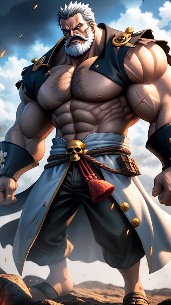  anime art of garp from one piece displaying raw power and relentless spirit, cornering the pirate king hyperrealistic, full body, detailed clothing, highly detailed, cinematic lighting, stunningly beautiful, intricate, sharp focus, f/1. 8, 85mm, (centered image composition), (professionally color graded), ((bright soft diffused light)), volumetric fog, trending on instagram, trending on tumblr, HDR 4K, 8K