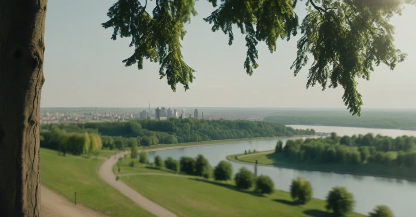  cinematic photo realistic landscape on the hill, metropolis in the distance, left linden tree and right linden tree, sunny summer day, wide angle camera, park, lake reflects trees, cinematic, top view of the park . 35mm photograph, film, bokeh, professional, 4k, highly detailed