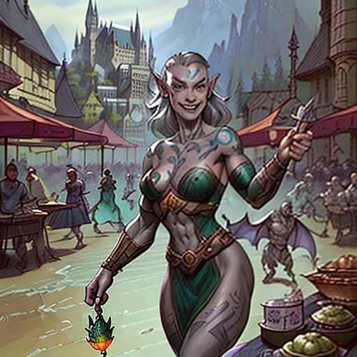   old , goliath, gray skin, tattooed on her face, smiling, market, fantasy, magic, dragons, elves, castles, by donato giancola, ruan jia, kekai kotaki, magali villeneuve, even mehl amundsen