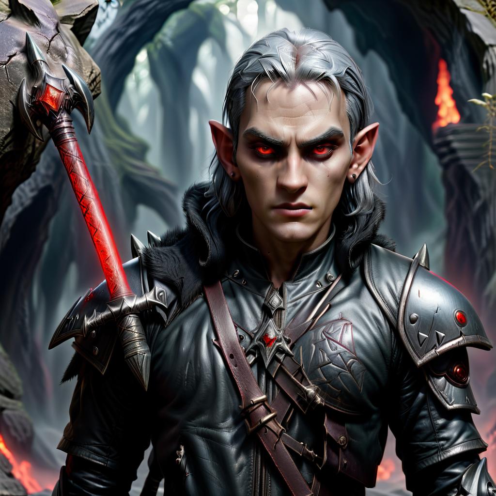  horror themed drow male elf cleric, dark grey graphite color skin, red eyes, silver medium haircut, black leather jacket, iron battle mace, impudent arrogant rude expression, traveler shoulder bag, half body view, dark cave temple . eerie, unsettling, dark, spooky, suspenseful, grim, highly detailed, civitai