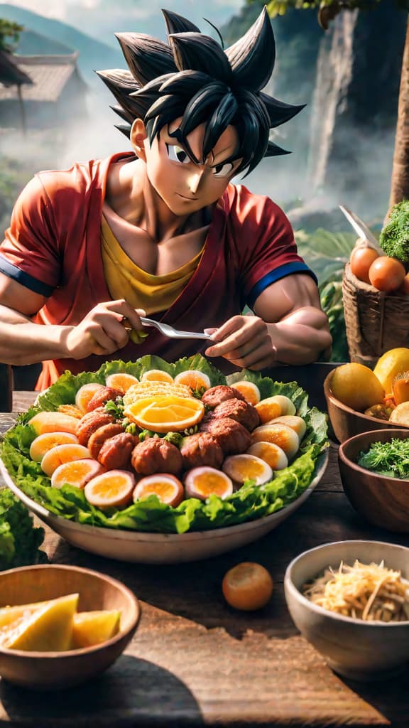  anime art depicting protagonists like goku and luffy showcasing their zest for life through exaggerated eating scenes. hyperrealistic, full body, detailed clothing, highly detailed, cinematic lighting, stunningly beautiful, intricate, sharp focus, f/1. 8, 85mm, (centered image composition), (professionally color graded), ((bright soft diffused light)), volumetric fog, trending on instagram, trending on tumblr, HDR 4K, 8K