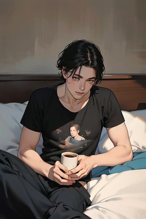  a man in a black t shirt is lying on a bed with a cup of coffee next to the bed., bichu,oil painting,impressionism advertising photo,high quality, good proportion, masterpiece , the image is captured with an 8k camera