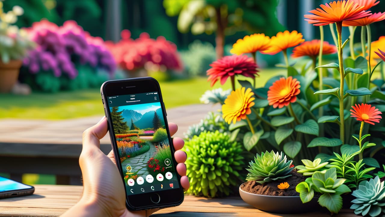  a vibrant garden scene featuring a variety of plants, flowers, and trees, with a smartphone displaying a garden design app interface, surrounded by colorful sketches of layouts and plant arrangements on a rustic wooden table. hyperrealistic, full body, detailed clothing, highly detailed, cinematic lighting, stunningly beautiful, intricate, sharp focus, f/1. 8, 85mm, (centered image composition), (professionally color graded), ((bright soft diffused light)), volumetric fog, trending on instagram, trending on tumblr, HDR 4K, 8K