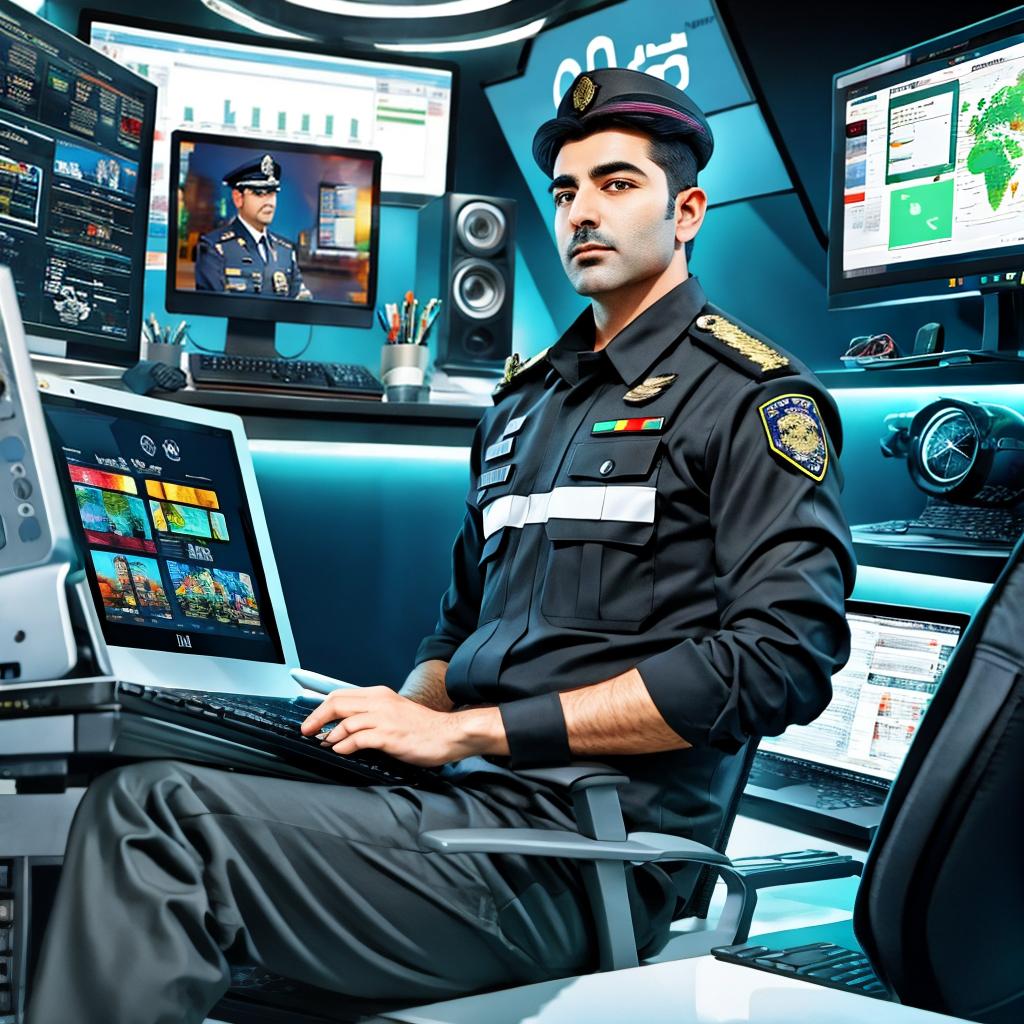  an iranian police officer sitting behind a computer desk front view with cyber background, award winning, professional, highly detailed, masterpiece