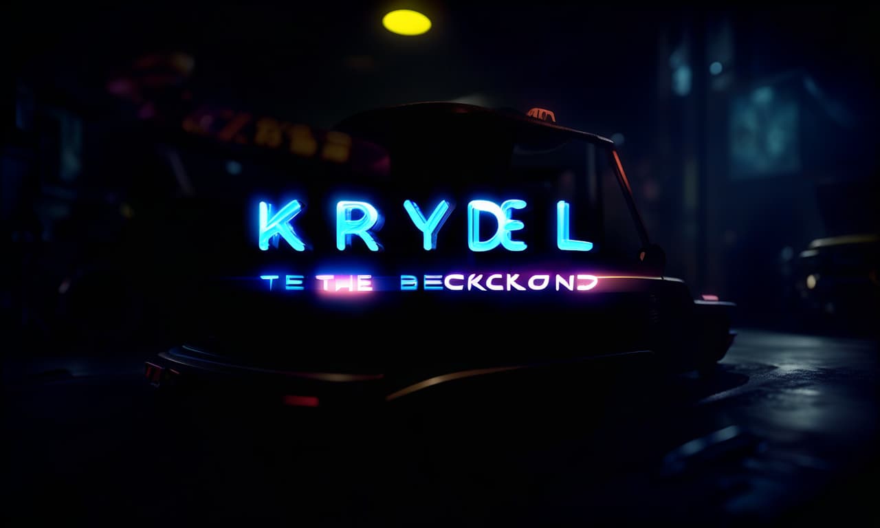  cinematic film still neon inscription "krydell." the background is dark. around different games weapons, helmets, cars and money . shallow depth of field, vignette, highly detailed, high budget, bokeh, cinemascope, moody, epic, gorgeous, film grain, grainy