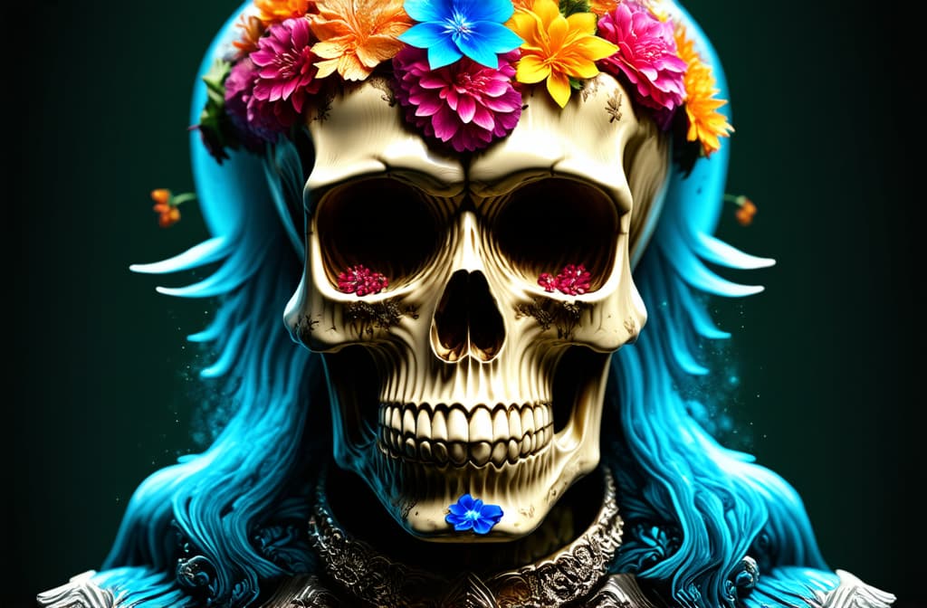  epic realistic, hyperdetailed, (cycles render:1.3), caustics, (glossy:0.58), (artstation:0.82),mexican skull with beautiful flowers ar 3:2