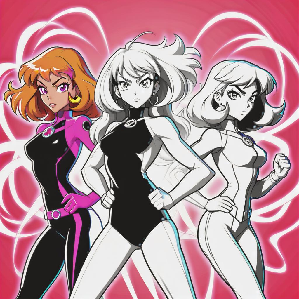  line art drawing totally spies, battle stance, same nightmare. anime style . professional, sleek, modern, minimalist, graphic, line art, vector graphics