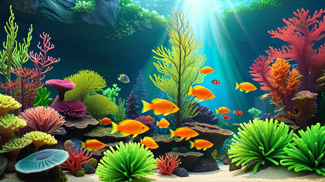  a serene aquarium scene featuring vibrant tropical fish swimming among lush green plants, colorful corals, and decorative pebbles, with a soft light illuminating the water, showcasing the beauty and tranquility of fishkeeping. hyperrealistic, full body, detailed clothing, highly detailed, cinematic lighting, stunningly beautiful, intricate, sharp focus, f/1. 8, 85mm, (centered image composition), (professionally color graded), ((bright soft diffused light)), volumetric fog, trending on instagram, trending on tumblr, HDR 4K, 8K