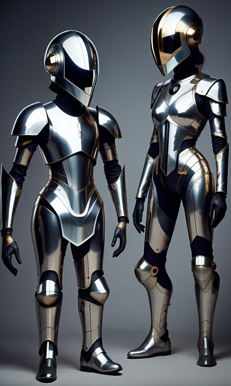  faceless androgynous droid. all dressed in identical jumpsuits with high tech but stylized medieval mirrorscale armor and sleek high tech full face helmets with mirrored visors,