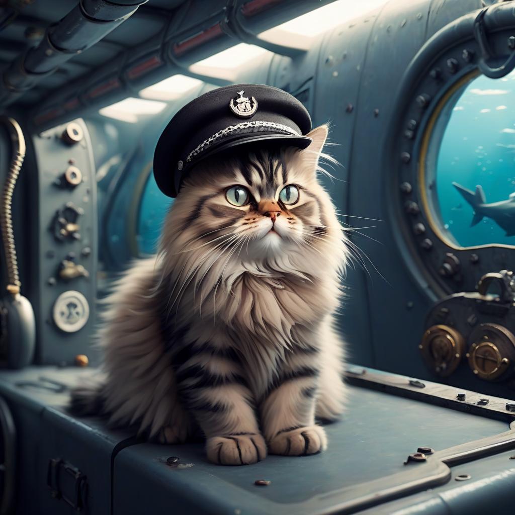  siberian cat in a black cap in a submarine