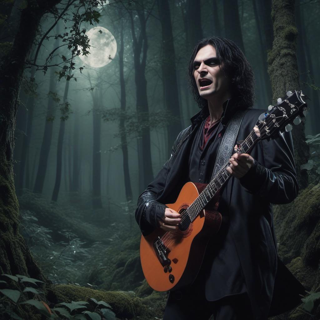  un vampire guitariste dans une forêt hantée , mystical style