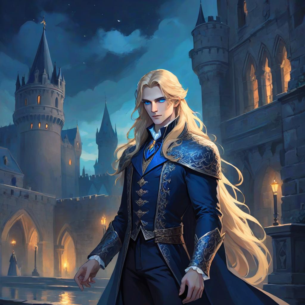  ethereal fantasy concept art of a vampire aristocrat in rich clothes with long blonde hair, blue eyes, night, near the castle, with a crown on his head . magnificent, celestial, ethereal, painterly, epic, majestic, magical, fantasy art, cover art, dreamy