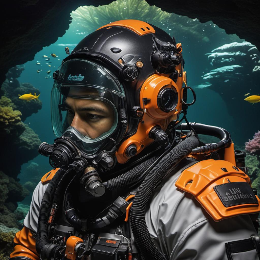  jb name, male, rebreather diver, thick loops, helmet in orange, cave diver, underwater, face view diver, fresh water, shoulder view, jb, cyberpunk style