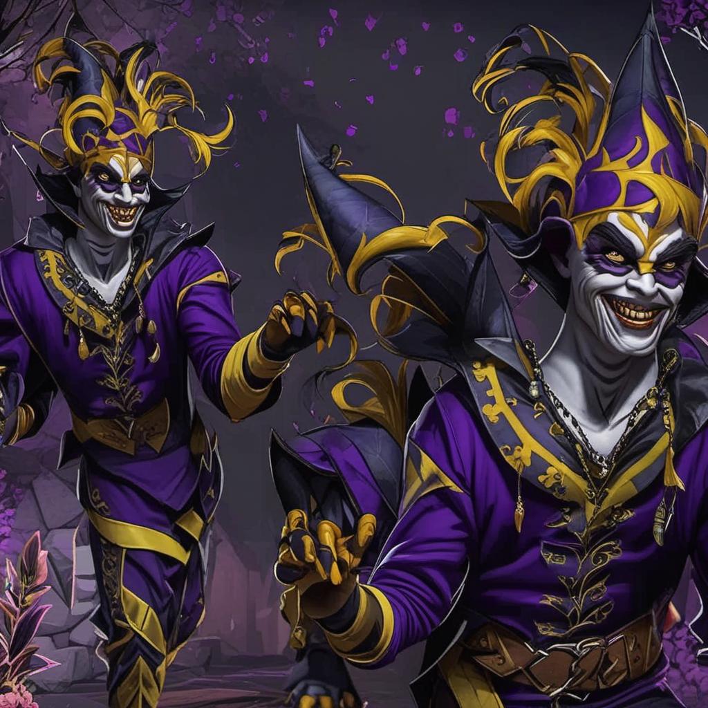  make a 4 foot jester with purple and black clothes with yellow pointed teeth and but make him creepy and make him a curse with pale skin., profile image style