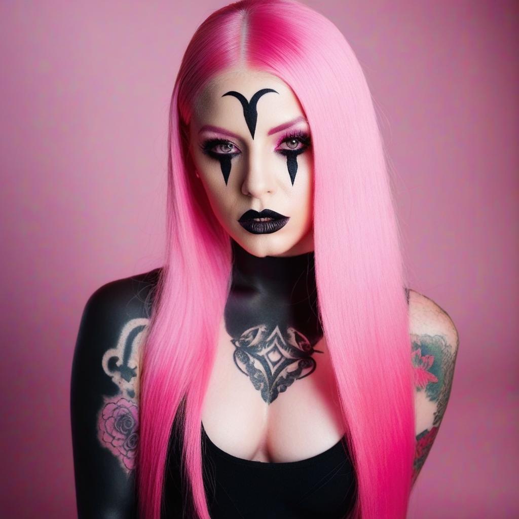  4 age women,full body shot portrait horrifying scary pale long pink hair ,full white eyes, black lips, black dripping eyeshadow tattoos,in pink cotton with pink trim