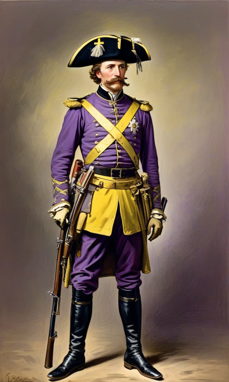  an ancient portrait of a military musketeer from the 1880s. purple uniform with yellow elements, yellow german cross on his chest and musket hanging from behind on his back. style: oil drawing of the 19th century, portrait.