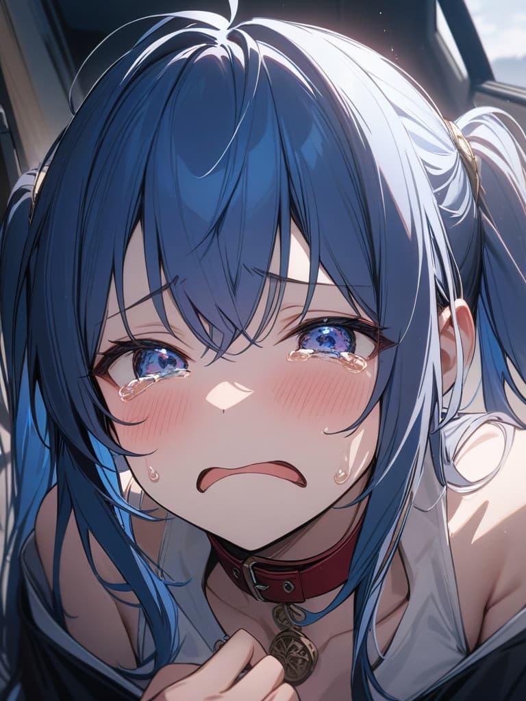  twin tails, blue hair, , crying face ,,, small s,, with,,,, oblight, , collar, becoming a , , insult, chio, gles , s wearing gles, masterpiece, best quality,8k,ultra detailed,high resolution,an extremely delicate and beautiful,hyper detail